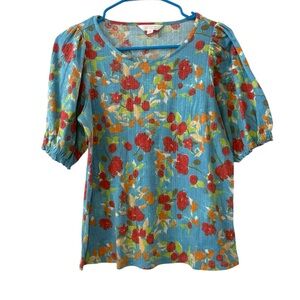 Lauren Conrad Small Blue Red Orange Floral Puff Sleeve Lightweight Knit Top